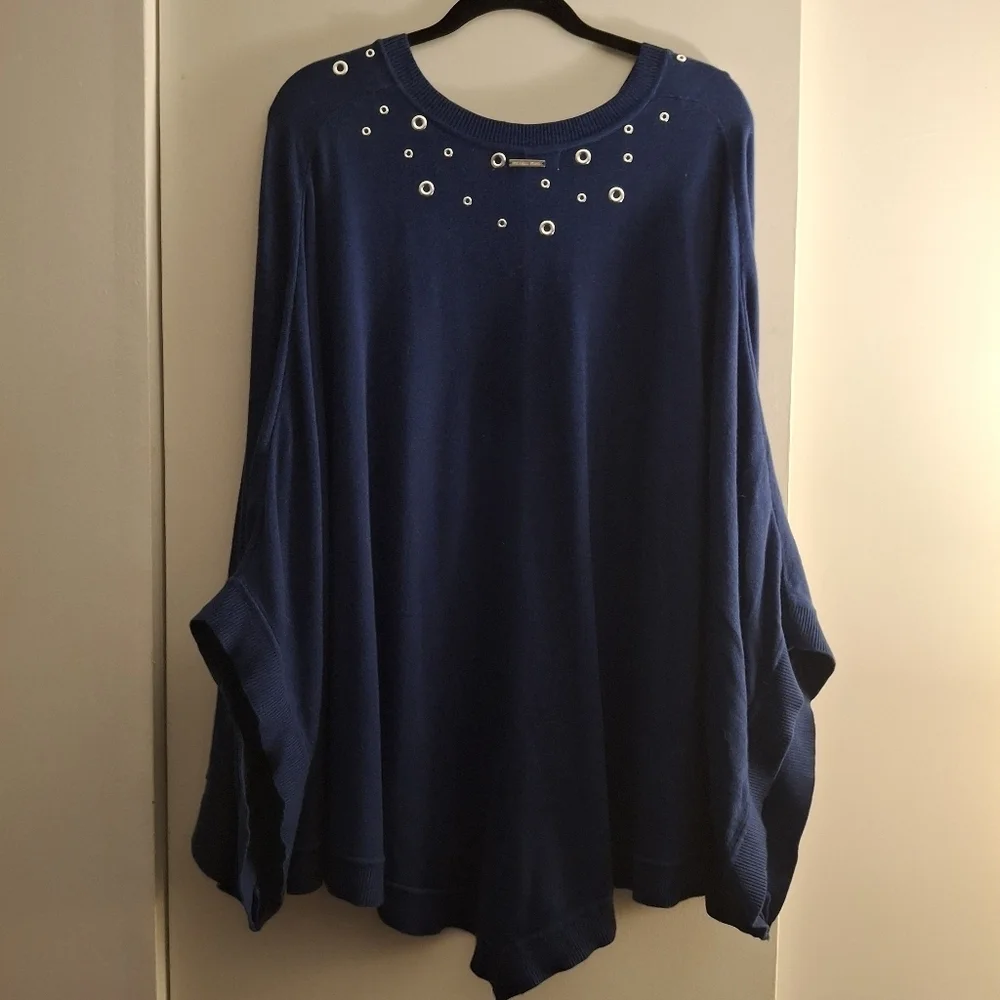 Michael Kors Dark Blue Knit Women's Poncho Sweater With Silver Grommets